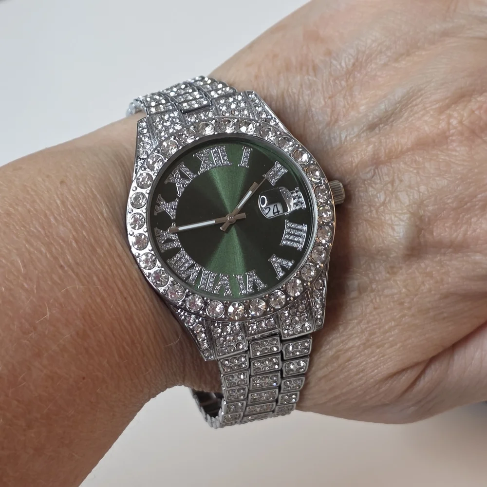 Silver & Green Luxury Iced Bling Hip Hop Fashion Quartz Date Watch New